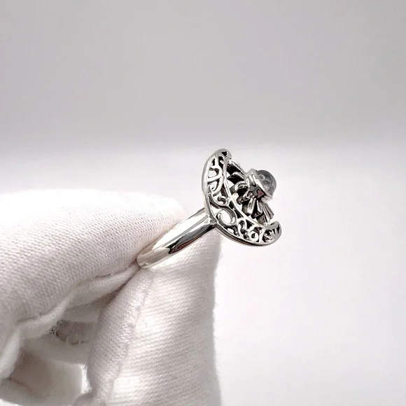 Genuine Rainbow Moonstone .825 Sterling Silver Filigree Crescent Moon & Sun Ring - Picture 9 of 17